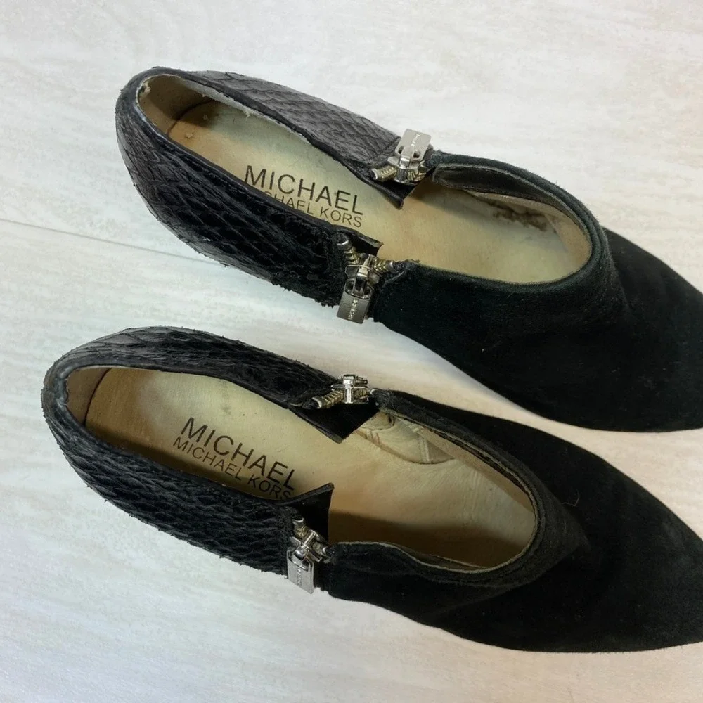 Michael Kors Womens 8M Booties Suede Snake Leather Black Stiletto Zip Shooties